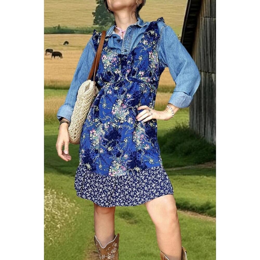 Sleeveless Blue Rose Pink Rayon Dress S M Romantic Boho Ruffled Mini Feminine
